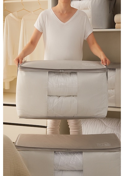 Ocean Home Textile Büyük Boy Pvc Pencereli Gri Çizgili Stuff & Things Hurç 60 x 43 x 35 cm