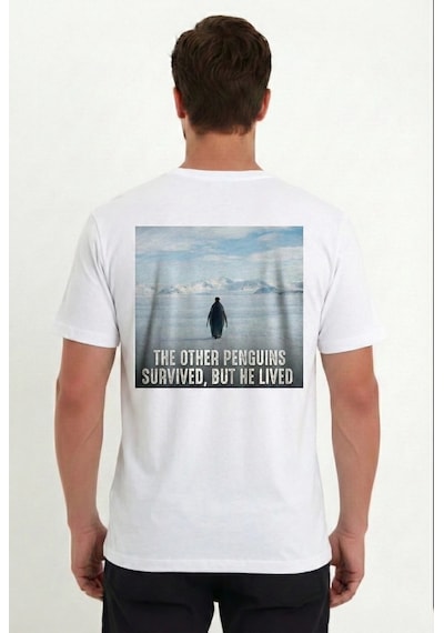 Barlashive Erkek T-shirt Penguen Baskılı Bisiklet Yaka Kısa Kol Yazlık Tişört - Beyaz Çok Renkli