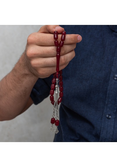Metal Püsküllü Kapsül Kesim Bordo Sıkma Kehribar Tesbih