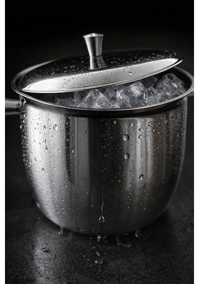Kapaklı Termoslu Buz Kovası - Kulplu Paslanmaz Çelik Ice Bucket Gri