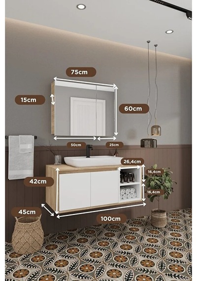 Lale Beyaz 100 Cm %100 Mdf Lavabolu Banyo Dolabı + Aynalı Dolap Beyaz Meşe Lale Beyaz 100 Cm %100 Mdf Lavabolu Banyo Dolabı + Aynalı Dolap Beyaz Meşe