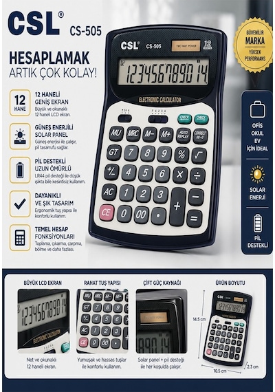 Hesap Makinesi Siyah Gri 13.5x18.5 Cm 1 Adet Csl Cs-505 12 Haneli Orta Boy Hafızalı Büro Masaüstü Hesap Makinası