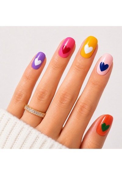 Renkli Nail Art Kısa Yuvarlak El Yapımı Jel Takma Tırnak Kkyl-3501 S