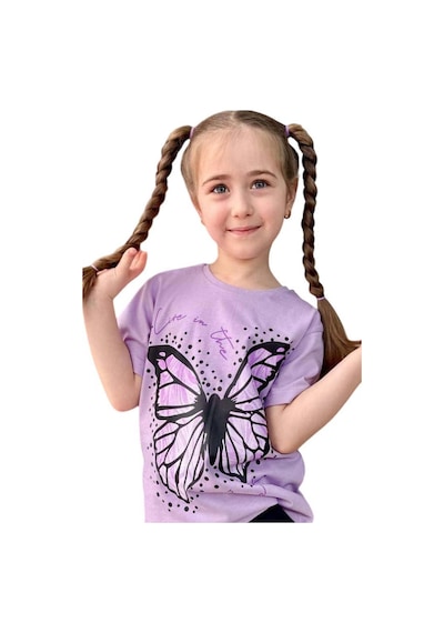 Riccotarz Kız Çocuk Kara Kalem Kelebek Baskılı Penye Lila T-shirt Şortlu Takım Lila