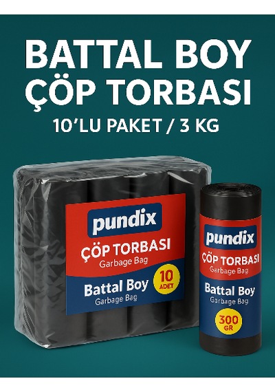 Pundix Pundıx Battal Boy Çöp Torbası 75x90 Cm 10 Lu Rulo Opp Ambalajlı Toplam 3 Kg Dayanıklı, Sızdırmaz Ve Geniş Hacimli Çöp Poşeti
