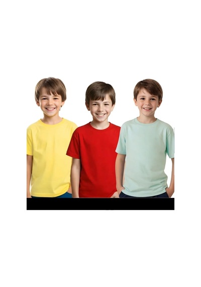 Fyk Kids Unisex 3 Lü Çocuk Düz Basic Kısa Kollu T-shirt Çok Renkli