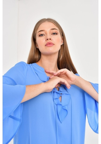Myline Kadın Önü Ve Kolları Volanlı Bluz 45838 Mavi