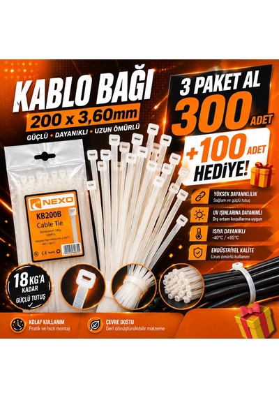 200x3,60mm Kablo Bağı Cırt Kelepçe Beyaz 300 Adet +100 Adet Hediye