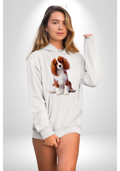 Cavalier King Charles Spaniel Kadın Erkek Beyaz Kapüşonlu Sweatshirt Hoodie Beyaz