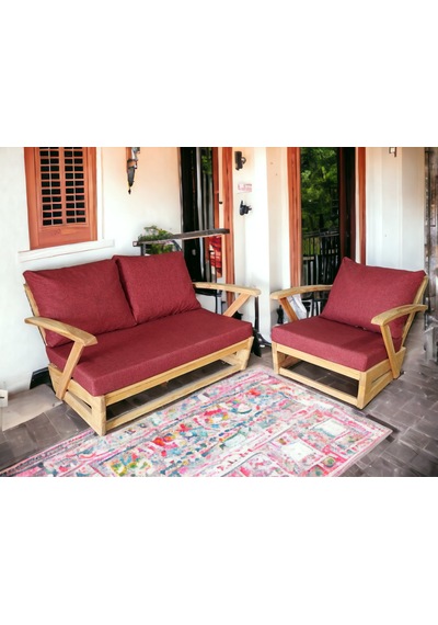 Monza Bahçe Balkon Masif Kestane Ahşap Kollu Koltuk - 2+1 Bordo