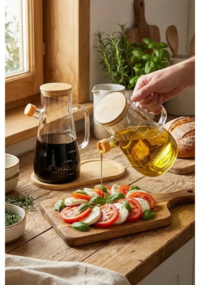 Bambu Standlı 2'li Cam Yağlık Sirkelik Seti 900 Ml Ölçekli Şeffaf