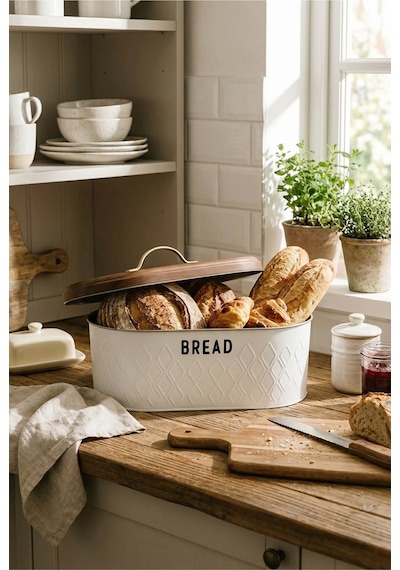 Makri Home Ekmeklik, Metal Ekmek Kutusu, Desenli Beyaz Ekmek Sepeti, 34 X 19 X 16 Cm Çok Renkli