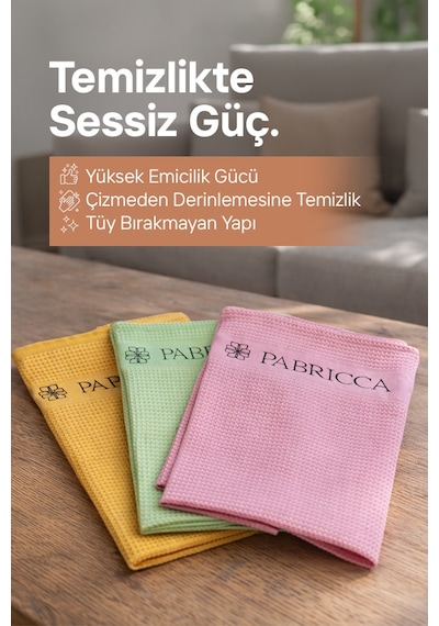 Pabricca Mikrofiber 3 Adet Temizlik Bezi 60x33 Cm Yüksek Su Emiciliği, Çizik Ve Tüy Bırakmaz, Waffle Dokulu Renkli
