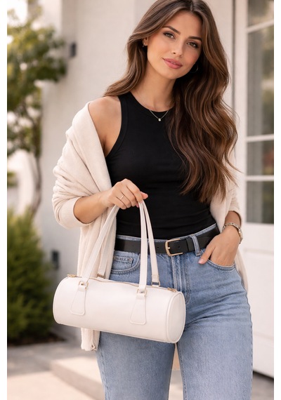 Elan Kadın Çanta Silindir Model Şık Tasarım Sportif Casual Çanta Beyaz Beyaz