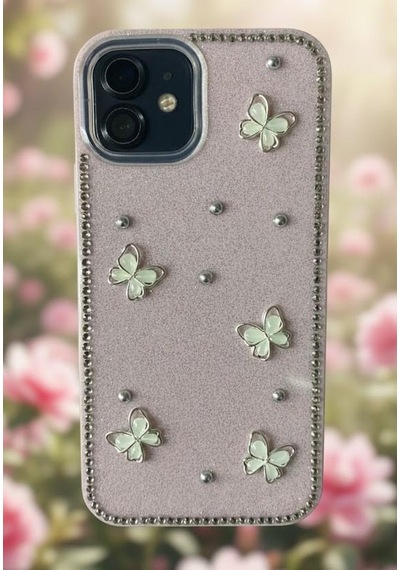 Apple Uyumlu iPhone 11 Kelebek Figürlü Simli İnci Taşlı Lüx Silikon Kılıf Pembe