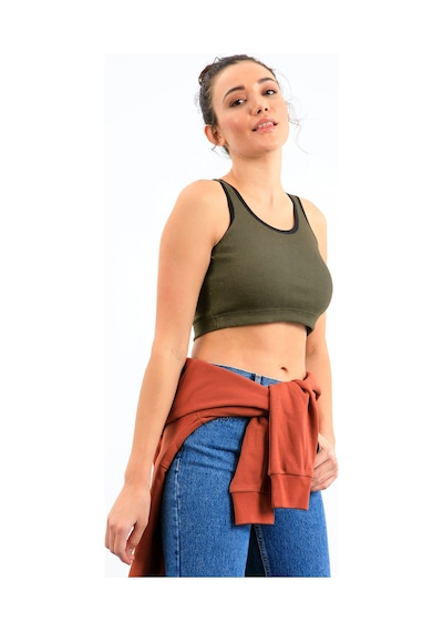 Tommy Life Haki Basic Sıfır Kol Dar Kalıp U Yaka Kadın Crop Top Atlet - 97160 Haki