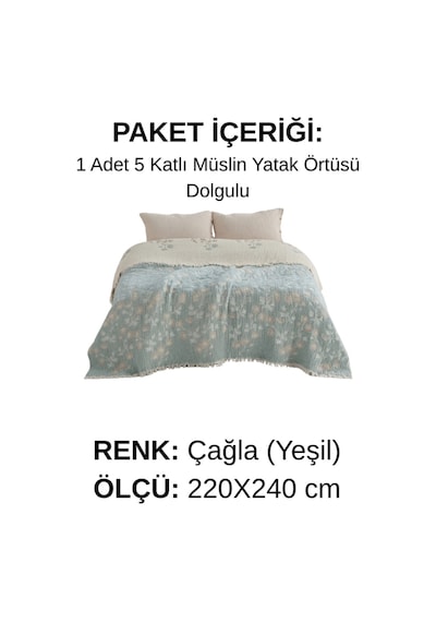 Soleil Bloom 5 Kat Dolgulu Müslin Çift Kişilik Yatak Örtüsü Pike Koltuk Örtüsü %100 Pamuk Çiçek Desenli 220x240 Cm Yeşil