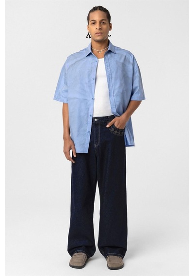 Vamos Oversize Yıkamalı Poplin Gömlek Mavi