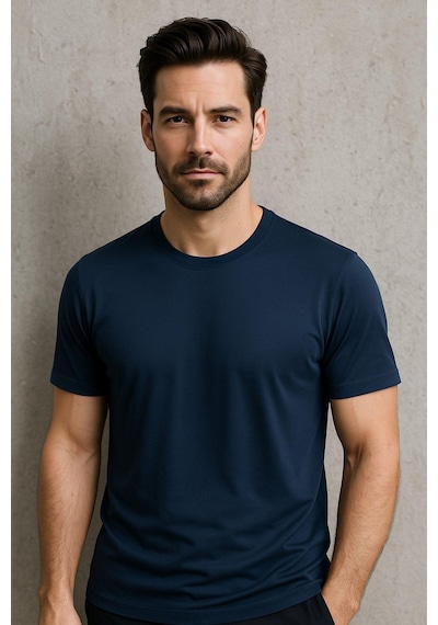 Rich Erkek %100 Pamuk Slim Fit Tişört Basic Bisiklet Yaka Kısa Kollu T-shirt Lacivert