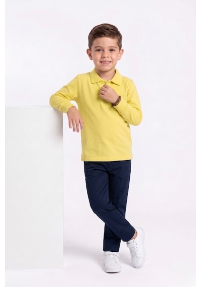 Nacar Store Unisex Çocuk Uzun Kollu Polo Yaka Lakost Okul Tişörtü Açık Sarı