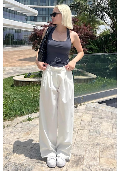 Madmext Beyaz Yüksek Bel Rahat Kesim Bol Paça Pantolon Mg2120-beyaz Beyaz
