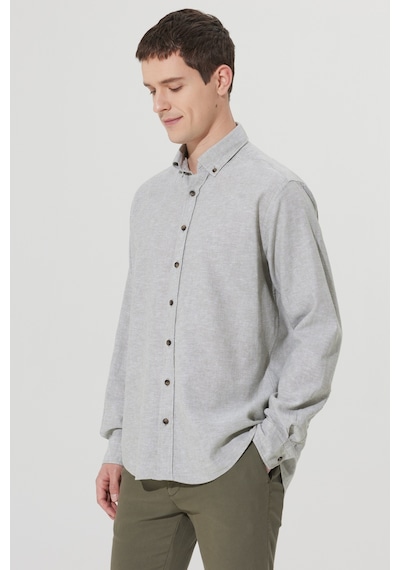 AC&Co / Altınyıldız Classics Erkek Hakı Comfort Fit Rahat Kesim Düğmeli Yaka Keten Gömlek - Hakı Haki