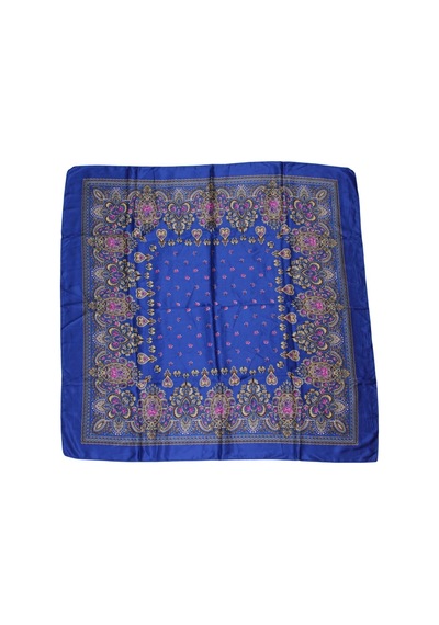 Tikitonki Etnik Çiçek Desenli Saten Lacivert Eşarp - 90x90 Lacivert Lacivert
