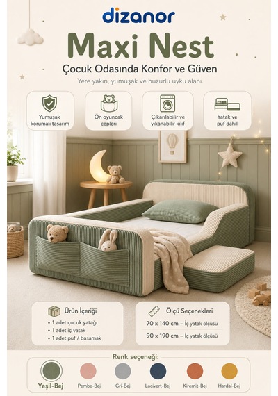 Dizanor Maxi Nest Tek Kısa Yan Kenarlı Montessori Yatak Seti - Yeşil Fitilli
