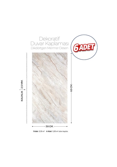 30x60 Cm Kendinden Yapışkanlı Duvar,banyo,tezgah Arası Kaplama Bej Mermer Desen 6 Adet 30 X 60 Cm