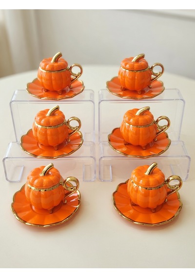 6 Lı Pumpkin Balkabağı Desenli Fincan Takımı - Kapaklı Ve Ayaklı Model Turuncu