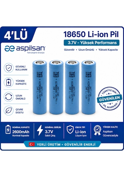 Aspilsan 18650 2600mah 3.7v Li-ion Şarjlı Pil 4'lü Paket Inr18650a28  Lityum İyon Batarya Yerli Üretim