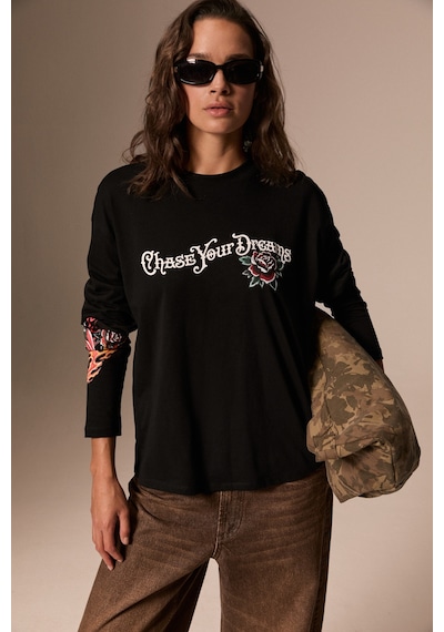 Grımelange Lapıs Kadın Organik Pamuklu Uzun Kollu Baskılı Siyah T-shirt