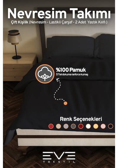 Eve Tekstil %100 Pamuk Ranforce Çarşaflı Yastık Ve Yorgan Kılıflı Çift Kişilik Nevresim Takımı 200x220 Cm Siyah
