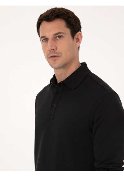 Siyah Regular Fit %100 Pamuk 3 İplik Polo Yaka Sweatshirt