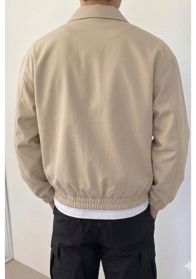 Tarz Cool Erkek Oversize Bomber Ceket Fermuarlı Basic Günlük Şık Mont Bej