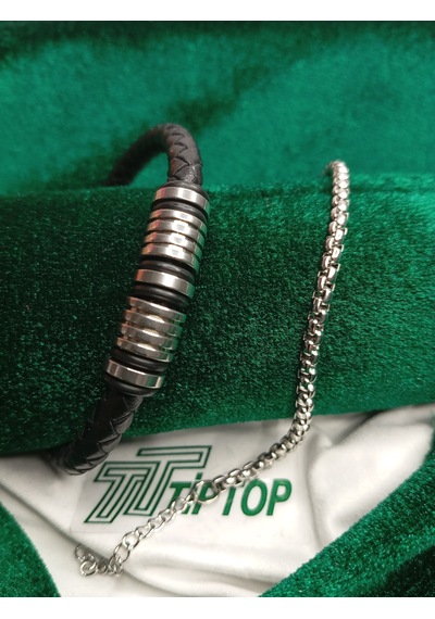 Tiptop/ Mıknatıslı Siyah Deri Bileklik - İç İçe Geçmeli Kutu Zincir Bileklik Unısex Gümüş