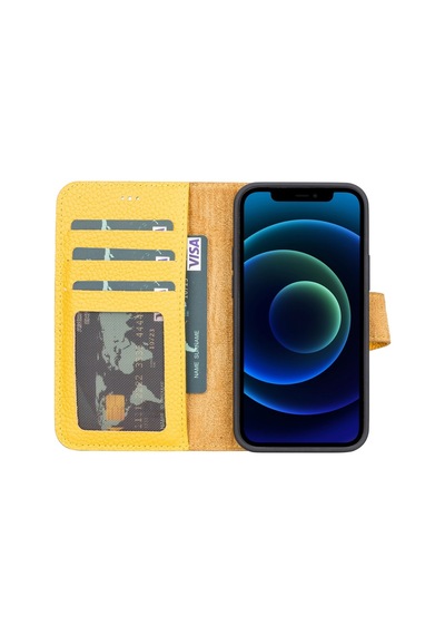 Apple İphone 13 Mini Uyumlu Deri Cüzdanlı Kılıf Fl12 Sarı 091 Sıyah