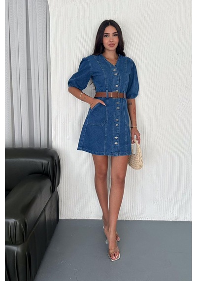 Noa & Noa Kadın Düğmeli Denim Elbise Deri Kemerli & Modern Kesim Mavi