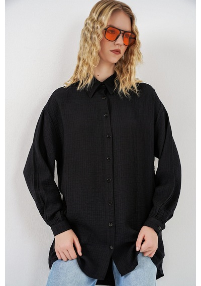 Bigdart Kadın Dokulu Oversize Tunik 5989 - Siyah