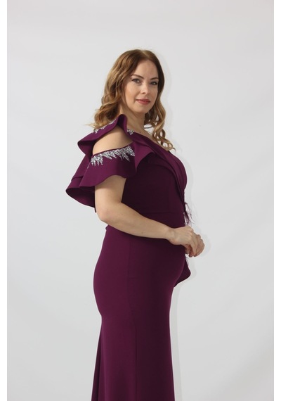 Moda Berray 21927 Mürdüm Omuzu İki Katlı Beli Taş İşlemeli Kadın Büyük Beden Abiye Elbise Mürdüm