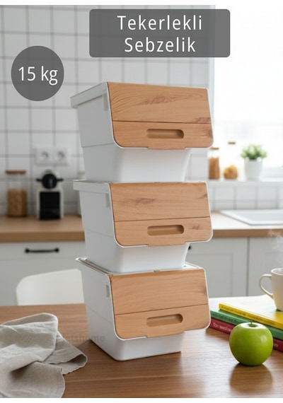 3 Lü Tekerlekli Sebzelik Patates Soğan Sepeti Soğanlık Organizer Kutu Bambu Beyaz Desen 36 Lt Bambu-beyaz