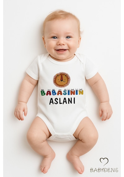 Babyden's Babasının Aslanı Yazılı Çıtçıtlı Bebek Body Tulum Sevimli Aslan Baskılı Kısa Kollu %100 Pamuk Zıbın Beyaz