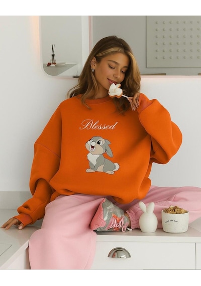 Benroma 3 İplik Penye Blessed Tavşan Baskılı Unisex Sweatshırt Turuncu