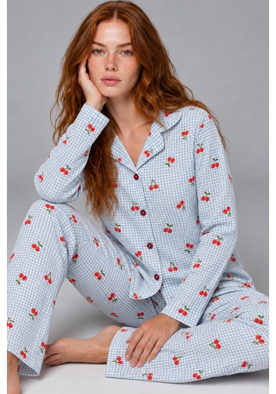 Fit Women Kadın Kiraz Desenli Pötikare Mavi Pijama Takımı 4792