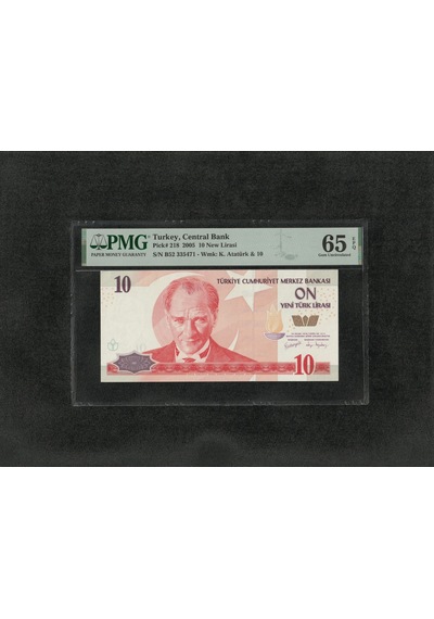 10 Yeni Türk Lirası Pmg 65 Epq Gem Unc Çil 10 Lira P 218 2005 S/n B52 8. Ems 1. Tertip