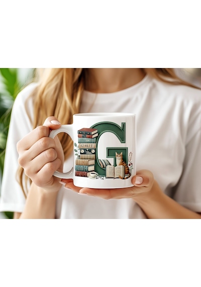 G Harf Kedi Ve Kitaplar Figürleri İle Kupa Bardak - Kitap Ve Kedi Severlere Özel - Manevi Hediye Beyaz