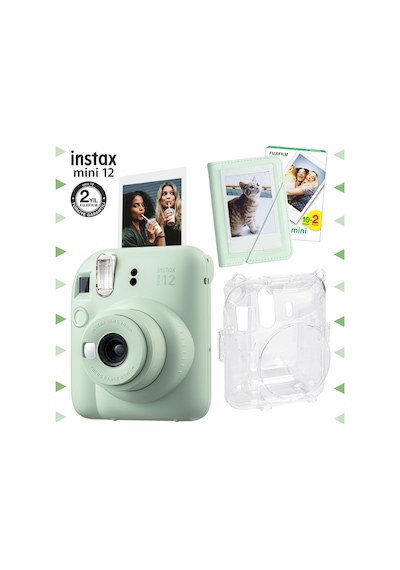 Fujifilm Instax Mini 12 Fotoğraf Makinesi + 20'li Film + Mini Albüm + Şeffaf Kılıf Seti Yeşil