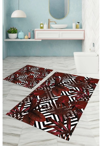 Buççin Online Mağaza Dijital Baskılı Yıkanabilir Klasik Çiçek Desenli Banyo Paspası Klozet Takımı Polyester Kırmızı Çok Renkli
