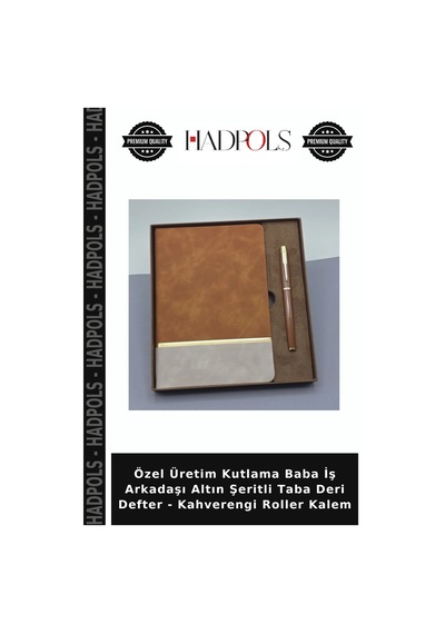 Özel Üretim Kutlama Baba İş Arkadaşı Altın Şeritli Taba Deri Defter - Kahverengi Roller Kalem