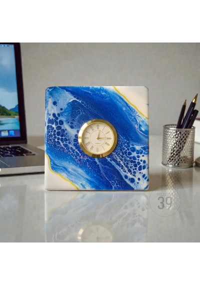 15x15 Cm El Yapımı Geode Masa Saati Altın Quartz Masaüstü Saat 5 Cm Kalınlık Beyaz - Mavi